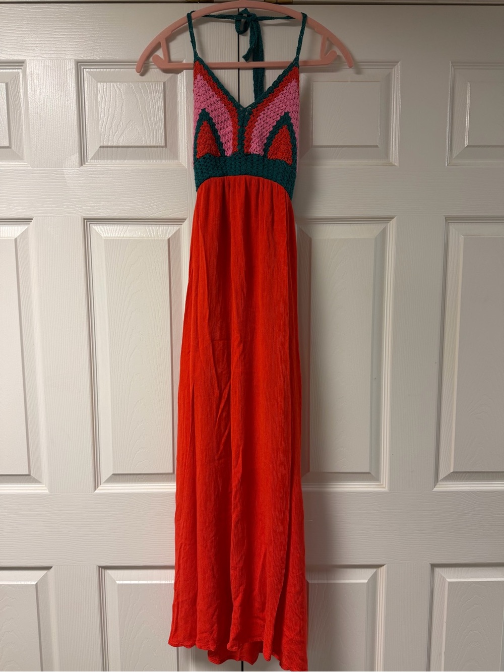 Gianni Bini Redish Orange Maxi Dress with Pink and Teal Crochet Bodice